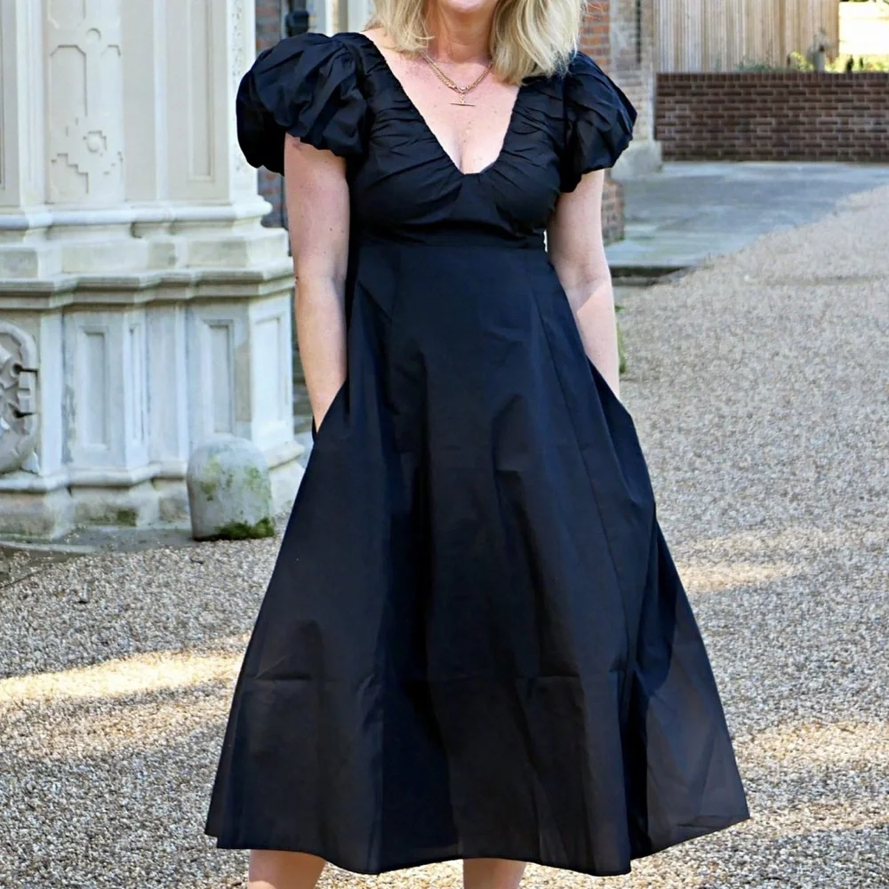 Abercrombie Puff Sleeve Plunge Midi Dress Black V Neck Cotton Blend Poplin Small - Picture 1 of 9